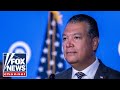 Dem Sen. Alex Padilla addresses reporters after ejection from Noem press conference